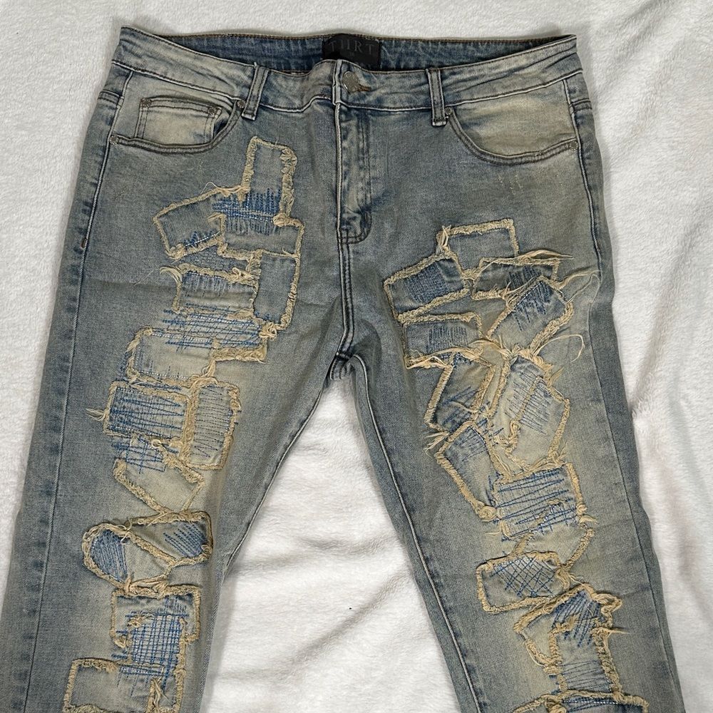THRT Denim Slim Skinny Stretch Rip Repair Distressed Blue Jeans.